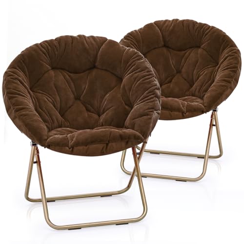MoNiBloom Round Folding Faux Fur Saucer Chair for Bedroom Living Room Dorm Foldable Metal Frame Oversized Large Comfy Furry Padded Soft Lounge Lazy Cozy Moon Chair for Adults (Brown, 2 Pieces) - color: Brown