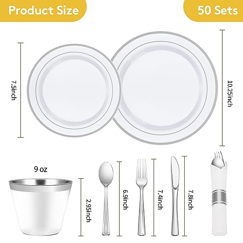 Goodluck 350 Piece Silver Plastic Dinnerware Set for 50 Guests, Fancy Disposable Plates for Party, Include: 50 Dinner Plates, 50 Dessert Plates, 50 Pre Rolled Napkins with Silver Silverware, 50 Cups - color: Silver, style: 350 Piece (50 guests)