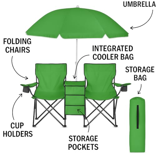 GoTEAM! Portable 2-Seat Folding Camp Chair with Cooler, Umbrella & Cup Holders – Outdoor Picnic, Beach, or Tailgate Seating – Carry Case Included - color: Green