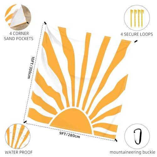 Beach Blanket Waterproof Sandproof Oversized Extra 110" * 118"/ 9 * 10 Ft Sand Free Beach Mat with Stakes, Storage Bag - Essentials for Outdoor Beach, Picnic,Quick Drying Durable - color: Sun, size: 9x10 FT (1～8 Person)