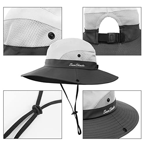 3 Pieces Womens Ponytail Wide Brim Sun Hat Packable UV Protection Beach Cap for Fishing & Hiking - color: Black＆gray＆pure Beige
