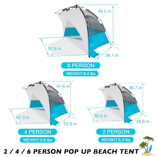 2-3 Person Large Instant Pop Up Beach Tent, UV Protection Portable Easy Setup Sun Shade Shelter, Extended Floor with 3 Ventilating Mesh Windows for Outdoor Camping Fishing (Light Blue)