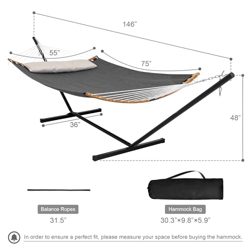 Double Hammock with Stand, Quick Dry Hammock with 12FT Stand for Outside, Poolside, 450 Lbs Capacity, Dark Grey - color: Zquick Dry-dark Grey