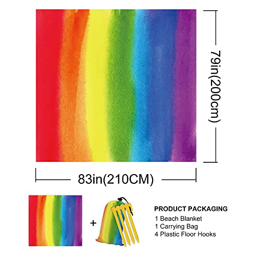 Rainbow Watercolor Print Beach Blanket Sandproof Waterpoof Oversized 79"x 83" Beach Mat with Corner Pockets, Lightweight Portable Mat for Beach Festival Travel Picnic Camping Outdoor - color: Rainbow, size: 79"x83"