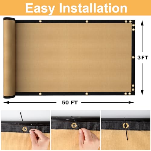 SPORTYOUTH 3ft x 50ft Fence Privacy Screen, Heavy Duty 150 GSM Fencing Mesh Shade Cover Windscreen with Brass Grommets for Outdoor Wall Deck Garden Backyard Porch, Cable Zip Ties Include, Beige - color: Beige