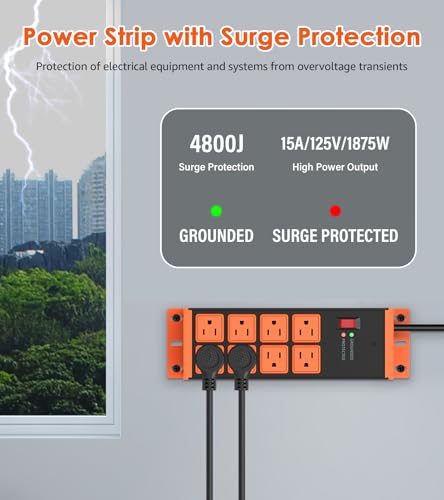 HHSOET 2 Pack Heavy Duty Power Strip 8 Outlets, Work Shop Outlet Strip Surge Protector 4800J, Industrial Metal 15Amp Power Strip, 6FT Extension Cord, ETL Listed - color: Orange, size: 6ft