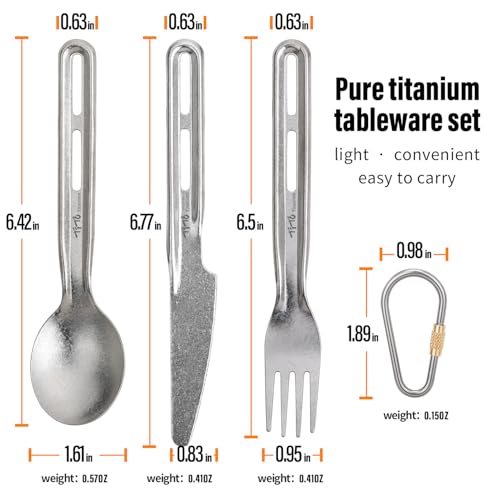 TiTo Titanium 3 Piece Cutlery Set, Ultralight Portabale Titanium Fork Spoon & Knife Tableware for Outdoor Camping Hiking Backpacking Travel Picnic Flatware with Titanium Carabiner (Silvery) - color: Silver