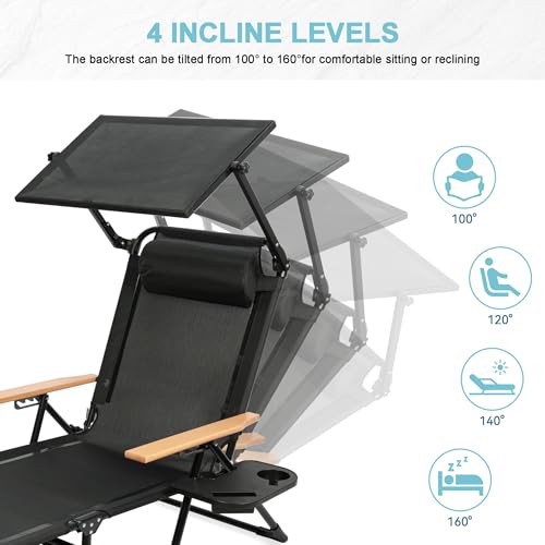 Outdoor Chaise Lounge Chair with 4-Position Adjustable Backrest,Patio Folding Sun Tanning Chair,Pillow & Cup Holder,Portable Recliner Sunbathing Lounger Chairs for Beach Garden (Black with Shade) - color: Black With Shade