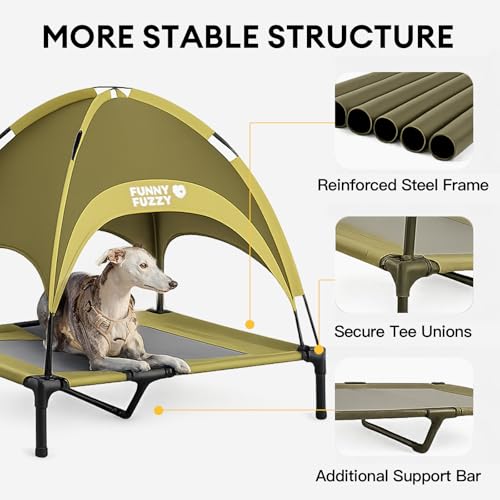 FUNNY FUZZY Elevated Cooling Dog Bed with Canopy(30"x24"x7"),Green, Dog Cot Bed for Small,Medium Dogs with UV Shade, Breathable Mesh for Cooling, Indoor & Outdoor Use for Dogs up to 120 lbs - color: Green, size: Medium