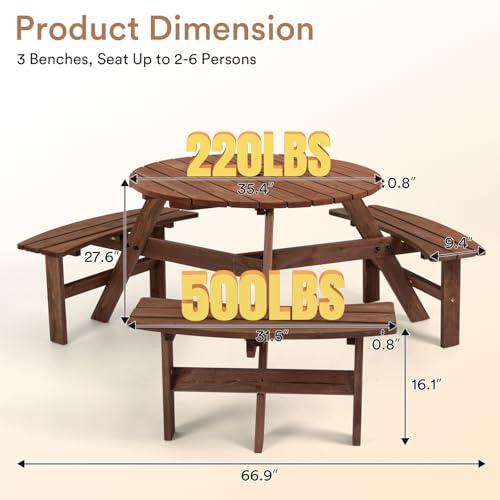 Zevemomo 6 Person Wood Picnic Table, Round Tabletop with Umbrella Hole, 3 Built-in Curved Benches, 1720LBS Total Capacity for Patios, Backyard, Brown - color: Brown, style: 6-Person