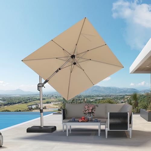 PURPLE LEAF 8' X 8' Left-right Tilting Patio Umbrella Outdoor Swivel Cantilever Umbrella Aluminum Offset Umbrella with Champagne Frame and 360-degree Rotation for Garden Deck Pool, Beige - color: Beige, size: 8' x 8'(Tilt)