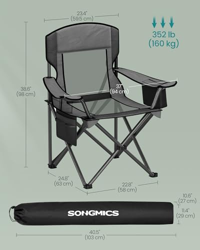 SONGMICS Camping Chair, Folding Oversized Chair, Comfortable and Heavy-Duty, 352 lb Weight Capacity, Adjustable Armrests with Cooler Bag, Storage Bag, Breathable Mesh, Slate Gray UGCB060G01 - color: Grey, style: 1PC (24.8"D x 37"W x 38.6"H)