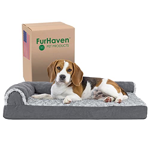 Furhaven Cooling Gel Dog Bed for Medium/Small Dogs w/ Removable Bolsters & Washable Cover, For Dogs Up to 35 lbs - Two-Tone Plush Faux Fur & Suede L Shaped Chaise - Stone Gray, Medium - color: (Two-Tone Faux Fur & Suede) Stone Gray, size: Medium