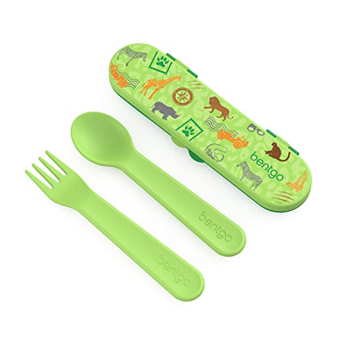 Bentgo Kids Utensil Set - Reusable Plastic Fork, Spoon & Storage Case - BPA-Free Materials, Easy-Grip Handles, Dishwasher Safe - Ideal for School Lunch, Travel, & Outdoors (Safari) - color: Safari