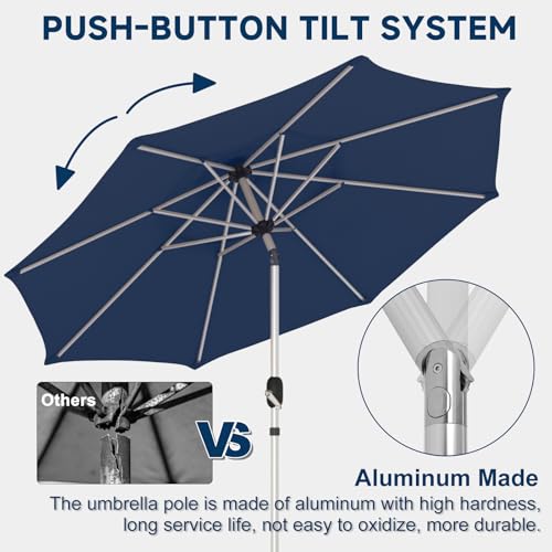 9FT 3-Tier Aluminum Outdoor Patio Umbrella, Fade-Resistant Market Umbrella with Push Button Tilt Function, 8 Sturdy All-Aluminum Ribs for Gardens, Patios, Backyards & Pools - color: Navy Blue, size: 9FT-3Tier (Aluminum Umbrella)