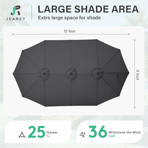 JEAREY 15ft Large Patio Umbrella with Base, Outdoor Rectangle Umbrella Double-Sided Market Umbrella with Stand for Pool, Deck, Backyard and Garden, Gray - color: Gray