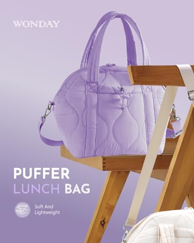 WONDAY Insulated Lunch Bags for Women, 12L Puffy Lunch Tote with Shoulder Strap, Waterproof, Leakproof, Reusable, Keeps Food Fresh, Perfect for Work, Travel, Picnic - color: Purple