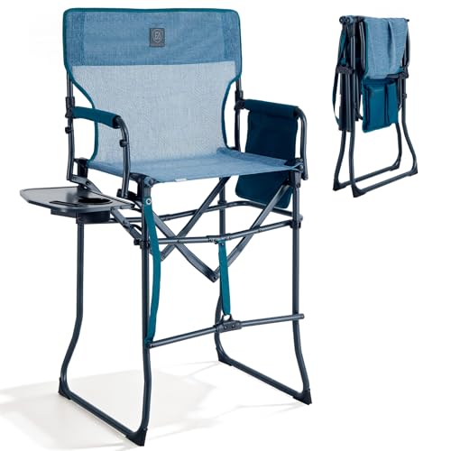 EVER ADVANCED Portable 30.7" Seat Height Tall Folding Camping Chair Directors Chair High Foldable Bar Stool with Side Table for Makeup Artist, Sports Event, Craft Show, Stretch Mesh, Supports 350LBS - color: Teal Mesh