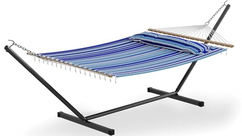 Garvee 57" Double Hammock with Heavy Duty Stand – 2 Person Hammock, Widening Cotton Fabric Design, 450 LB Capacity for Indoor & Outdoor Use (Blue) - color: Blue