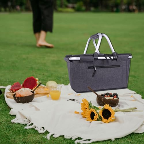 Picnic Basket, SIYUAN Collapsible Market Basket Insulted Cooler with Handles 27L Large Farmers Grocery Basket with Lid Portable Tote Bag, Black - color: Black