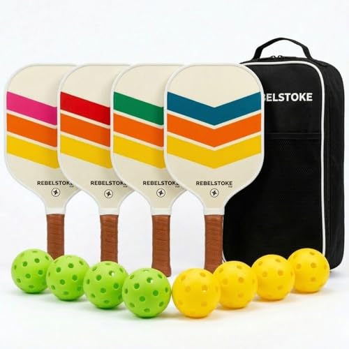 Complete Pickleball Set of 4 with Bag, Pickle Ball Paddle Set of 4, Designed in The USA, Pickleball Racket for Adults Comfort Grip, Indoor Outdoor Pickle Ball Kit, Pickleball Paddles 4 Pack - style: Retro Rally