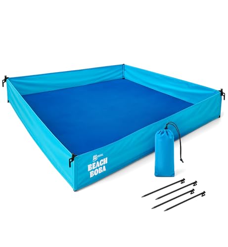 BeachBoba Sandproof Beach Blanket - Outdoor Playpen Sheet with Side Walls and Stakes to Keep Sand Out (Blue)
