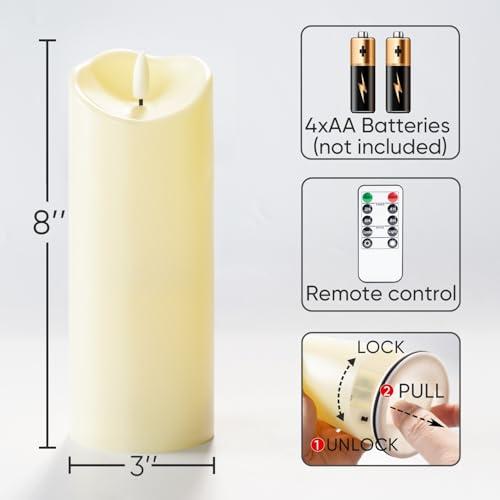 Homemory 3"x8" Outdoor Waterproof Flameless Candles, LED Candles, Battery Operated Candles with Remote and Timers, Electric Fake Plastic Pillar Candles, Dark Ivory, Set of 2 - color: Dark Ivory, size: D3"xH8"8"