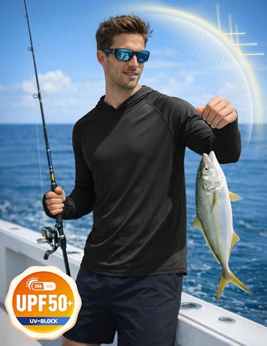 KEFITEVD Men's Sun Protection UPF 50+ Hoodie Shirts Long Sleeve Swimming Fishing Shirt SPF UV Quick Dry Rash Guards - color: Black, size: X-Large