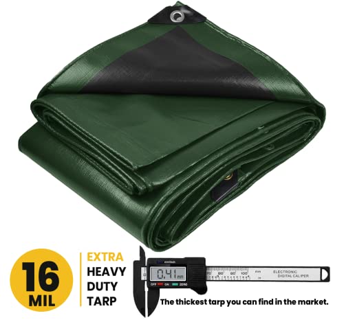 Extra Heavy Duty 16 Mil Tarp Cover, Waterproof, UV Resistant, Rip and Tear Proof, Poly Tarpaulin with Reinforced Edges for Roof, Camping, Patio, Pool, Boat. (Green/Black 6′ X 8′) - color: Green/Black-16 Mil, size: 6′ X 8′