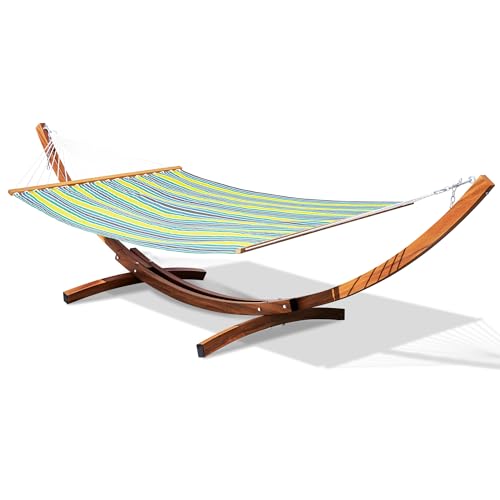 Lazy Daze Hammocks 12 FT 2 Person Double Quick Dry Textilene Hammock with Curved Steel Heavy Duty Stand for Outside, Backyard, Patio, 450 Lbs Capacity, Green Stripes - color: Green Stripes