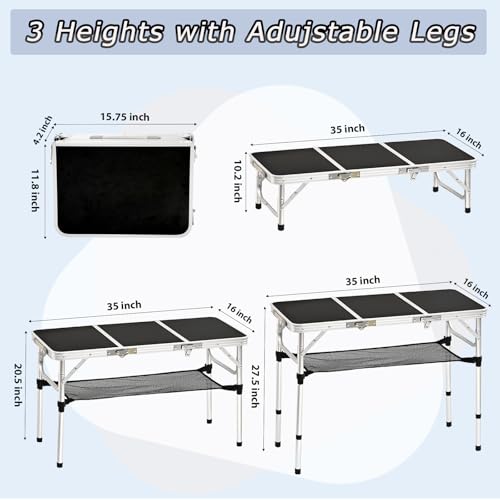 YihuiKo 3 ft Folding Table, Camping Table with Storage Net, Lightweight Portable Aluminum Foldable Table with Adjustable Height Max 27.5 Inch Outdoor Table for Picnic Travel, Black - size: 35"L x 16"W x 27"H
