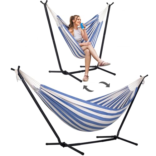 SUNCREAT 2-in-1 Convertible Backyard Fabric Hammock with Stand, Large Hammocks for Outside, Blue White - color: A-blue White