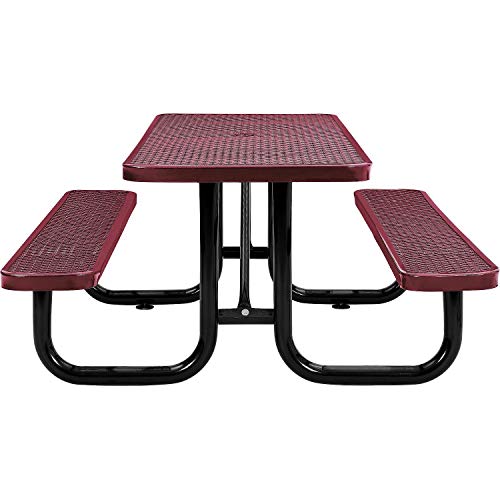 Global Industrial 6’L Rectangular Picnic Table, Expanded Metal, Red Thermoplastic Coating, Attached Benches, 1-1/2” Umbrella Pole Hole, Outdoor-Rated, 1000 lb Capacity, 72” x 30” Tabletop - color: Red