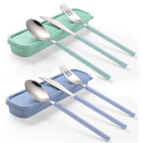 Portable Home Utensils Reusable Flatware Set with Case, Stainless Steel Metal Travel Cutlery Lunch Tableware 2 Fork 2 Spoon 2 Knife with Colored Handle(Fork Spoon Knife 2 sets, Green+Blue) - color: M Green+Blue - 2 Sets