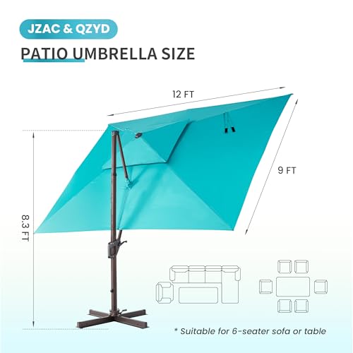 JZAC & QZYD 9x12 FT Outdoor Cantilever Patio Umbrella with LED Lights, Large Heavy Duty 2-Tier Aluminum Offset Umbrellas with 360-Degree Rotation for Pool Deck, Turquoise - color: Turquoise, size: 9'×12'