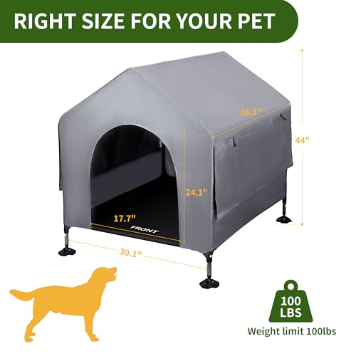 Summertrail 36" Large Dog House Outdoor Indoor with Breathable Mesh Windows-Elevated Dog Bed Cot Dog Tent Shade Shelter for Large Breeds with Canopy, Weatherproof Dog Kennel for Outside, Easy Clean - style: 36" Grey