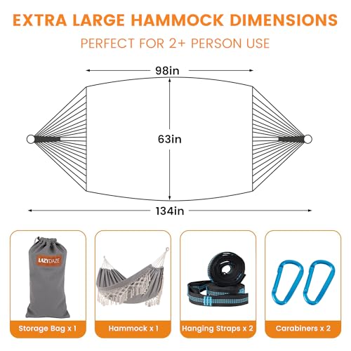 Lazy Daze Hammocks Double Brazilian Cotton Hammock, Extra Large Portable Outdoor Camping Hammock with Tree Straps & Travel Bag for Backyard Patio Poolside Indoor, 550lbs Capacity, Light Gray - color: Light Gray