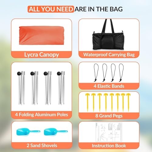 Gardentime Beach Tent Canopy with 8 Sandbags 4 Aluminum Poles, Pop Up Portable Camping Sun Shelter, Easy Set Up with 2 Sand Shovel, Ground Pegs, Carrying Bag for Outdoor Beach,Picnic, Fishing - color: Orange