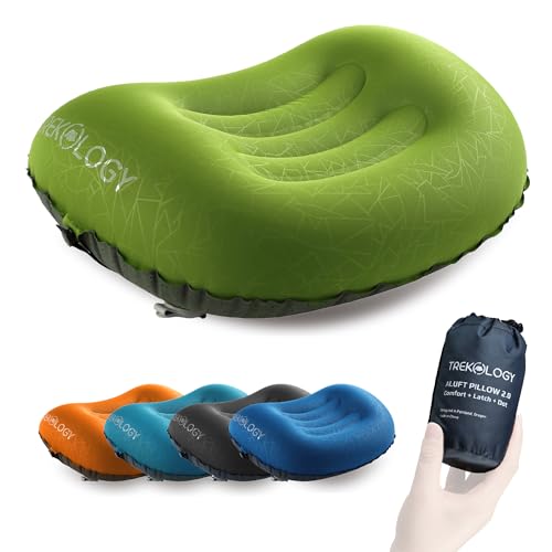 TREKOLOGY Ultralight Inflatable Camping Travel Pillow - ALUFT 2.0 Compressible, Compact, Comfortable, Ergonomic Inflating Pillows for Neck & Lumbar Support While Camp, Hiking, Backpacking - color: Green