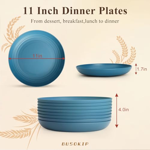Deep Dinner Plates 11 Inch, Plastic Plates Reusable, Unbreakable Wheat Straw Plates Set of 8, Microwave and Dishwasher Safe Big Plate for Steak, Chicken, Casserole - Blue - color: Blue, size: 11 Inch