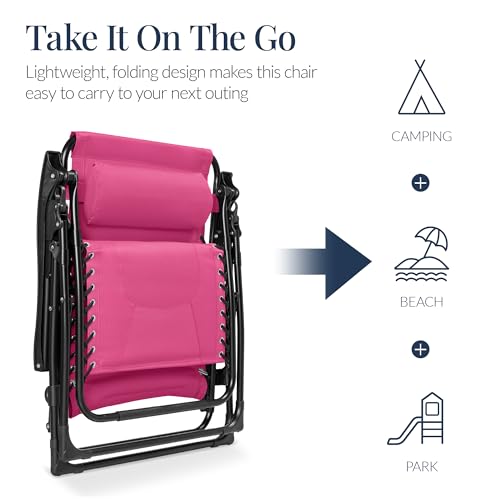Best Choice Products Oversized Padded Zero Gravity Chair, Folding Outdoor Patio Recliner, XL Anti Gravity Lounger for Backyard w/Headrest, Cup Holder, Side Tray, Polyester Mesh - Hot Pink - color: Hot Pink