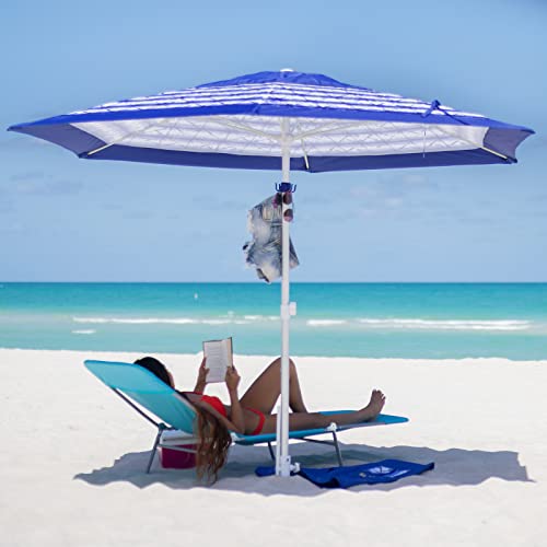 AMMSUN 8ft Large Beach Umbrellas for Sand Heavy Huty Wind Portable Commercial Grade Patio Beach Umbrella with Sand Anchor Adjustable Height Air Vent UPF 50+ Telescoping Pole without tilt Blue White - color: Blue White Stripe