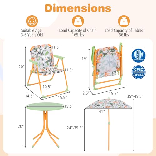 Costzon Kids Picnic Table, Kids Outdoor Table with 2 Folding Chairs, Height Adjustable Umbrella, Portable Children Outdoor Furniture for Patio, Garden, Backyard (Yellow Forest) - color: Yellow Forest