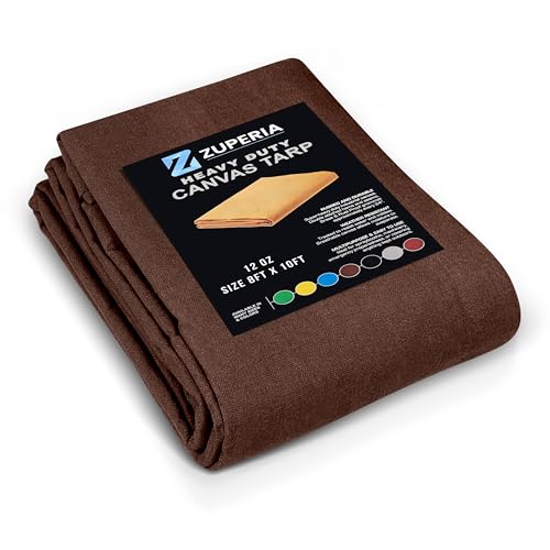 Zuperia Heavy Duty Canvas Tarp (8' x 10' ft - Pack of 1) with Rustproof Grommets, UV Resistant & Tear Resistant Multipurpose Tarpaulin Cover for Outdoor, Industrial & Commercial Use (Coffee) - color: Coffee, size: 8' x 10' ft - 1 Pack