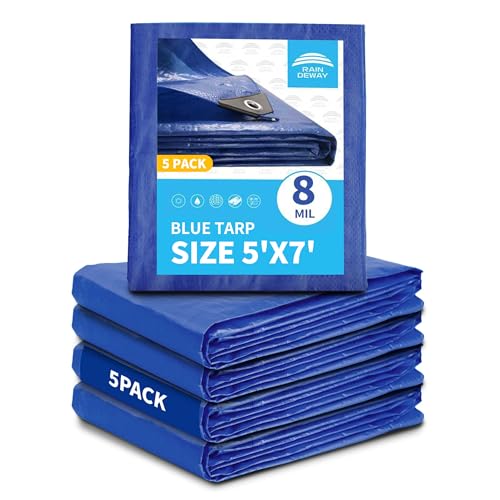 RAINDEWAY Small Tarps 5x7 Feet (5 Pack) 8 Mil, UV Resistant, Durable, Multipurpose Waterproof Poly Tarp Cover with Metal Grommets and Reinforced Edges,Blue Tarp - color: Blue, size: 5x7 Feet (5 Pcs)-Finished Size