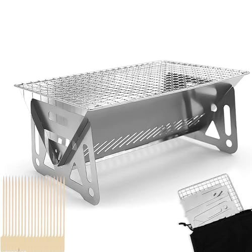 Mini Portable Camping Grill with Bamboo Stick/Storage bag, Small Assemblable Removable BBQ Grill Tabletop Fire Pit for Camping Patio Outdoor Stainless Steel Camping Grill Folding Barbecue Grills