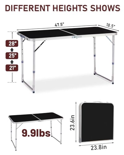 Outvita 4ft Portable Folding Camping Table, Outdoor Waterproof Adjustable Height Table, Aluminum Lightweight Suitcase Foldable Table for Picnic BBQ Beach Dining - color: Black, size: 47*24*28