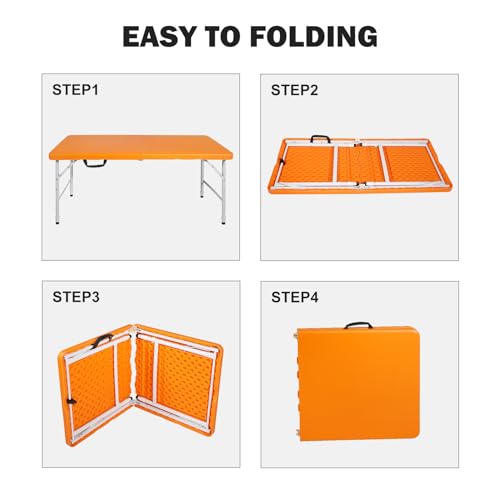 Portable Plastic Folding Table 4ft/6ft/8ft Heavy Duty White-Orange Picnic Dining Table Fold-in-Half for Camp Party Kitchen Indoor Outdoor - color: Orang, size: 4FT, style: Flat Desktop