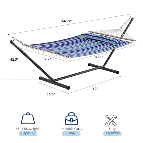 Garvee 57" Double Hammock with Heavy Duty Stand – 2 Person Hammock, Widening Cotton Fabric Design, 450 LB Capacity for Indoor & Outdoor Use (Blue) - color: Blue