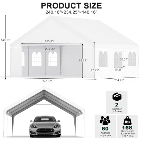 Carport 20x20 Party Tent Heavy Duty Canopy Waterproof Outdoor Storage Shelter Portable Garage w/Removable Sidewall Windows Canopy Tent for Wedding Event Backyard Barbecues Parties, White - size: 20x20 FT
